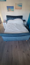 Blue Teal Velvet velour Sleigh style king size Bed Frame, Slatted Base