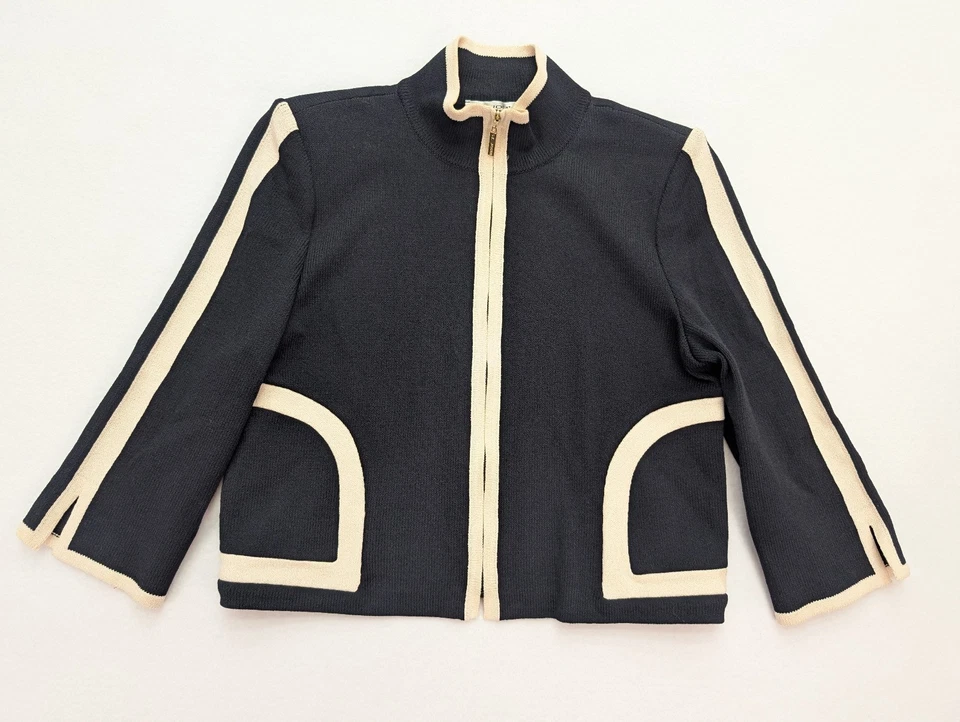 St. John Women's Blazer Jacket Size M Black Cream Ivory Trim Full Zip 3/4 Sleeve - Image 2 of 4