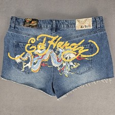 Ed Hardy Shorts Womens XL Blue Denim Dragon Tattoo Graphic Cutoff Raw Hem Cheeky