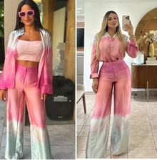 ZARA pink Floral satin Shirt & Matching Trousers Co Ord Set Size M 