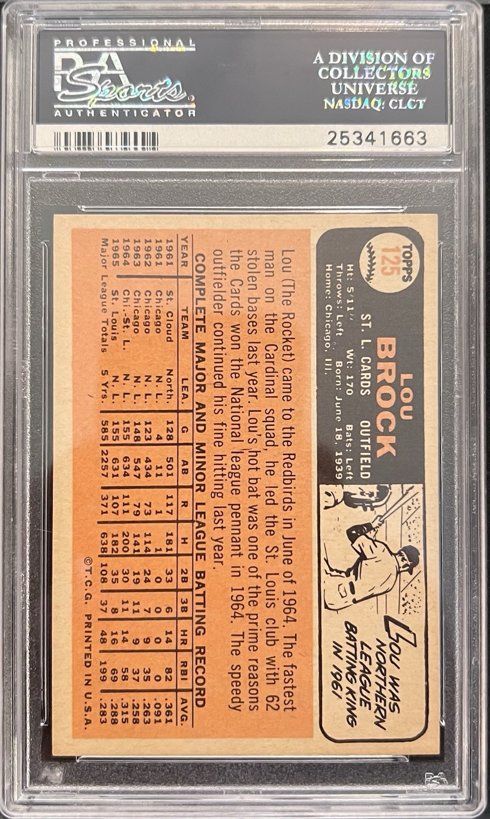 1966 Topps Lou Brock #125 PSA 7 NM St. Louis Cardinals HOF ~ Vintage 👀 view 2