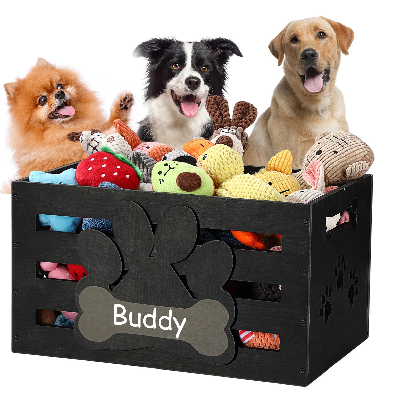 Large Dog Toy Basket Wood Dog Toy Bin Storage Baskets Box with Handles and La...