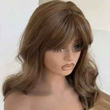 Medium brown Dress Up Wig With Bangs Heat Resistant Synthetic Hair Long Wavy