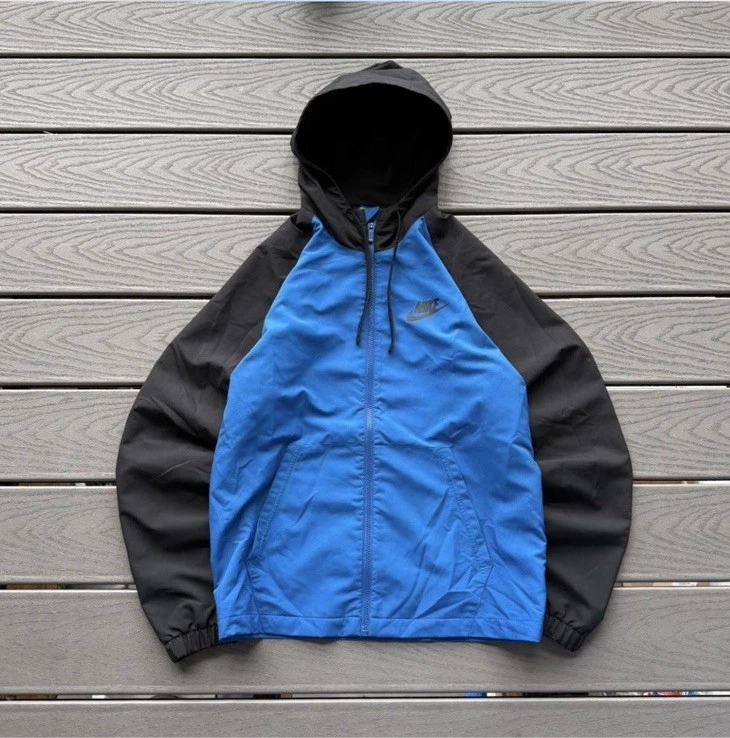 Nike Y2K Windbreaker Jacket Mens M Blue Black Hooded Full Zip