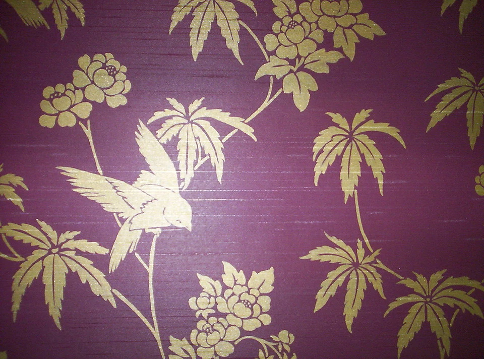 ORIENTAL INSPIRED PLUM & GOLD FLORAL AND BIRD PREPASTED WALLPAPER # CH28282 - Image 2 of 3