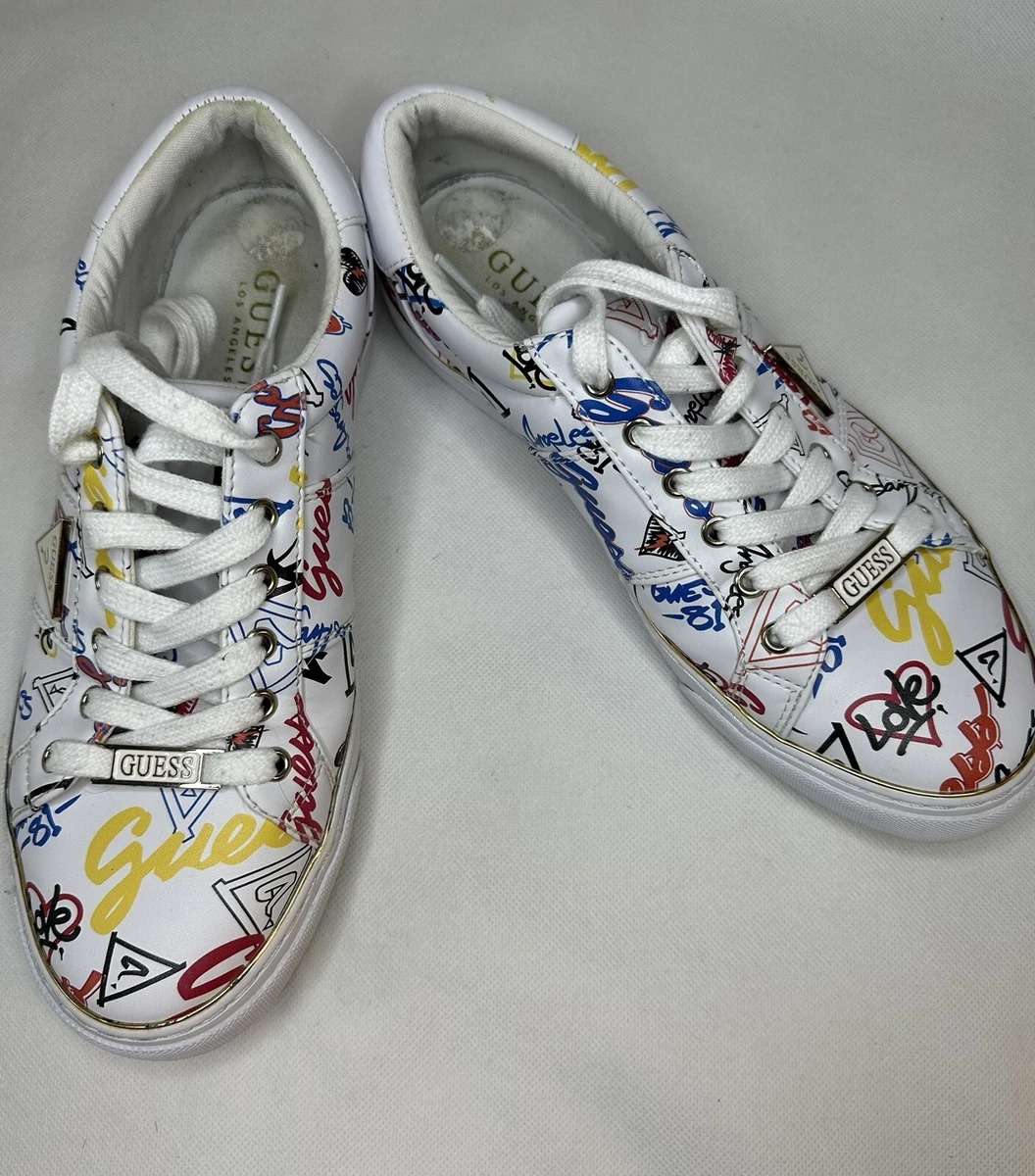 GUESS Women s Goodly3 Graffiti Lace Up Sneakers White Trainers Size Uk 6 EU 39