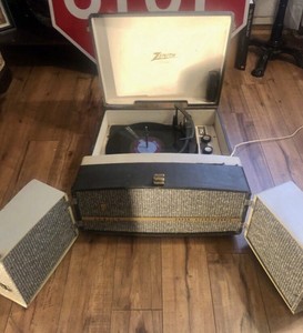 modern record player with speakers