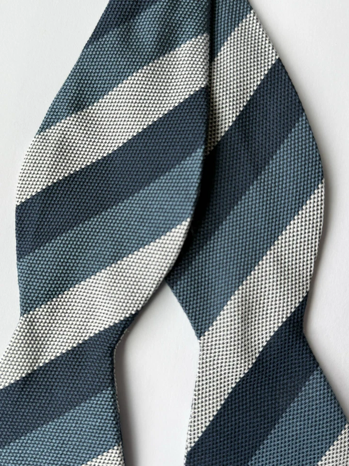 BILLY REID Men's 100% Silk Bow Tie Adjustable Navy Blue/Cream Strip Made in USA - Image 2 of 4