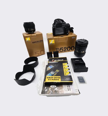 NIKON D5200 MP Body w/ Wifi Adapter 18-200mm 50mm Prime Lens  616320839796|