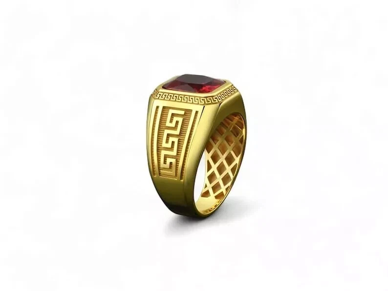 3Ct Emerald Cut Lab Created Ruby Solitaire Men Pinky Ring 14K Yellow Gold Plated - Image 2 of 4