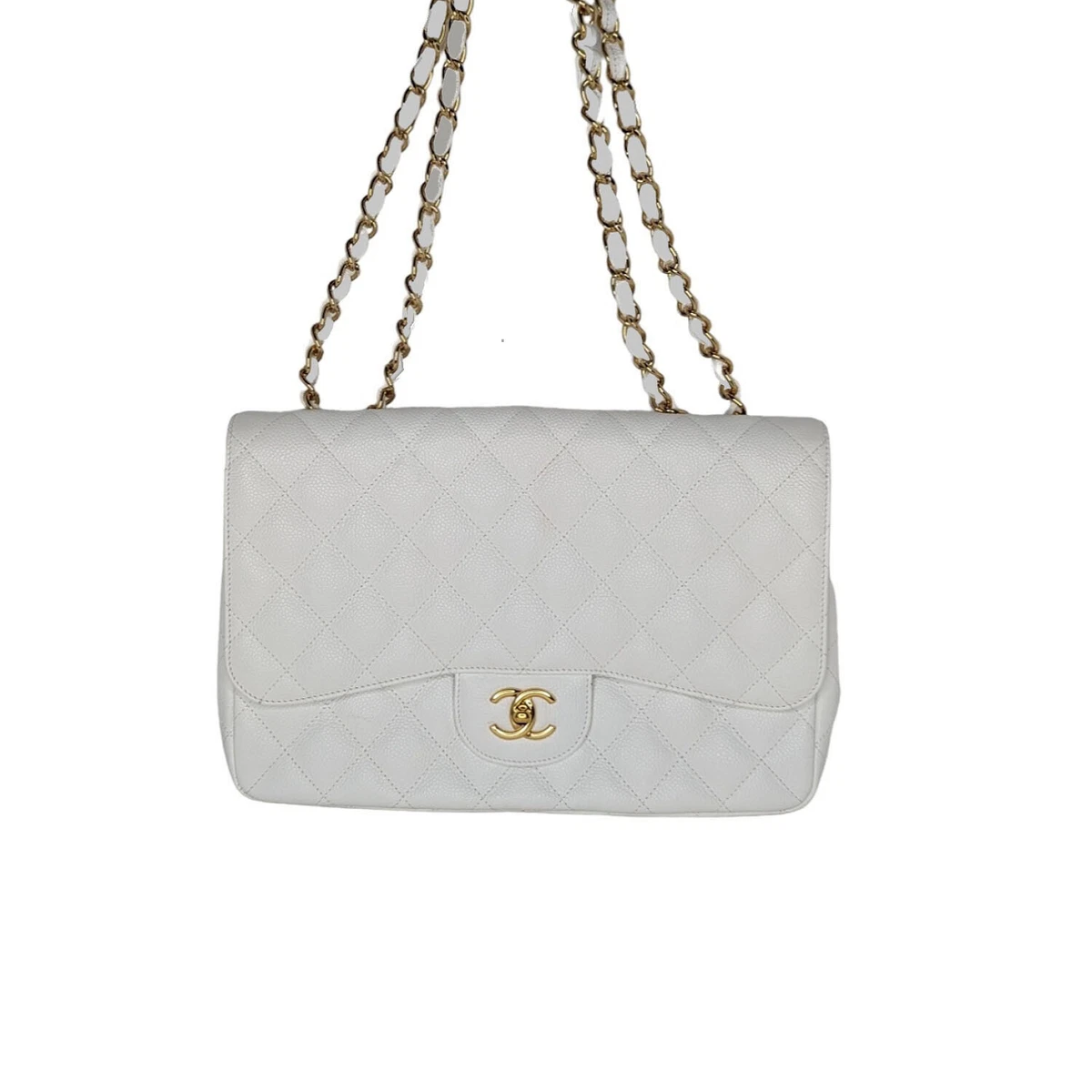 Chanel Jumbo Double Flap Quilted Caviar Leather Shoulder Bag White