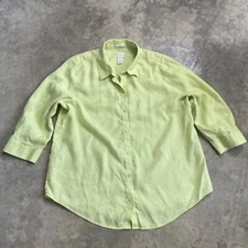 Chicos 2 Shirt Medium Non Iron Solid Green Linen Collared Button Down