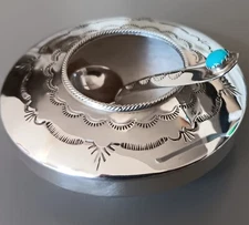 SIGNED JEFFREY CASTILLO NAVAJO NEW STAMPED SALT KEEP CELLAR AND TURQUOISE SPOON