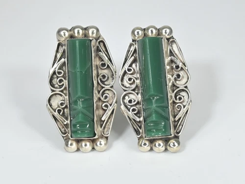 Vintage Large Sterling Silver Farfan Carved Green Onyx Mask Screw-Back Earrings