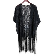 Kimono Sz S Lace Fringe Whimsigoth Festival Fairy Grunge Cover Up Black Boho