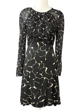 Club Monaco Dress Womens 00 Black Floral Fit & Flare Long Sleeve Knee Length