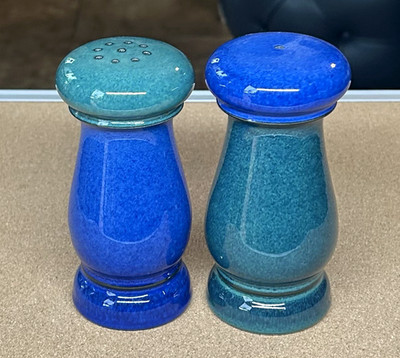 METZ Salt & Pepper Shakers 5.5'' Vintage Denby England Blue & Green Stoneware