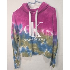 Calvin Klein Jeans Tie Dye Cropped Hoodie Pink Blue Green CK Logo Medium