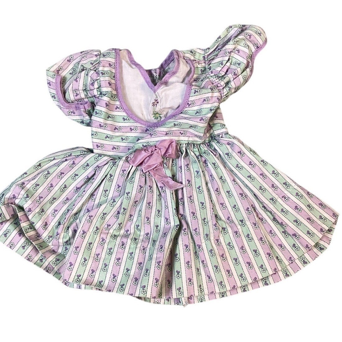 Vintage Style Lavender Floral Stripe Doll Dress Puffed Sleeve Bow 9 Inch Length