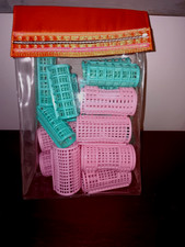Lot of 17 Pink  Green Snap On Snap Over Hair Rollers with Plastic Pouch