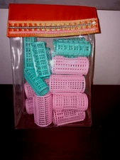 Lot of 17 Pink & Green Snap On Snap Over Hair Rollers with Plastic Pouch