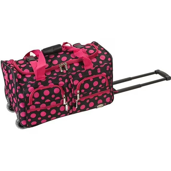Carry On Travel Duffel Bag Rolling Handle Black and Pink Pol