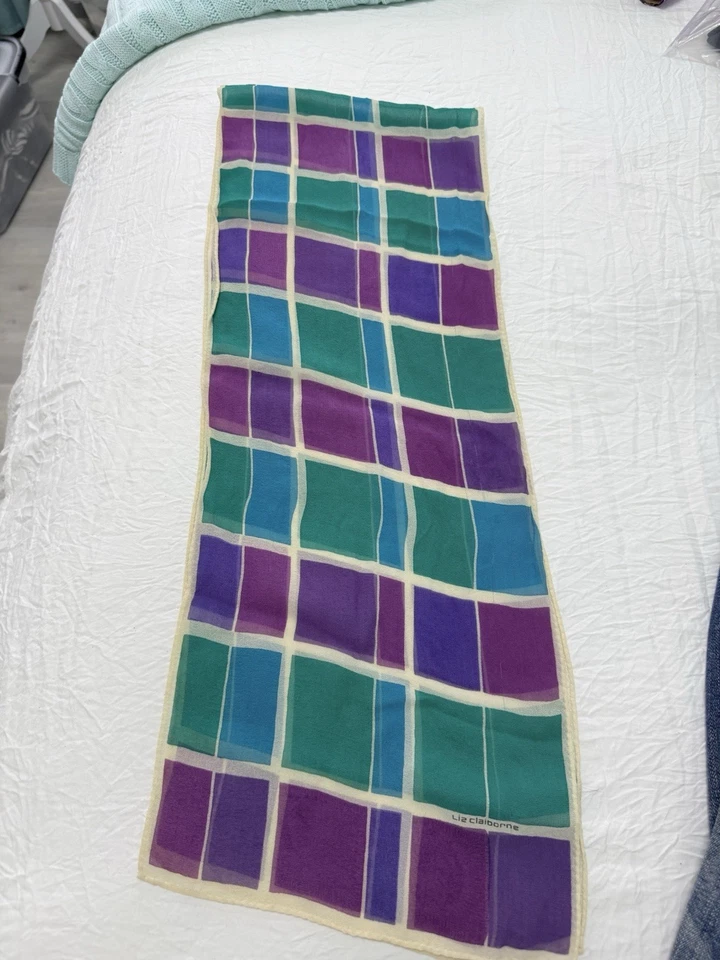 Liz Claiborne Vintage Geometric 100% Silk Scarf Purple Teal Blue 21” x 8” - Image 2 of 4