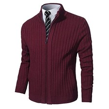Men's Cardigan Sweaters Full Zip Up Stand Collar Slim Fit Large Burgundy