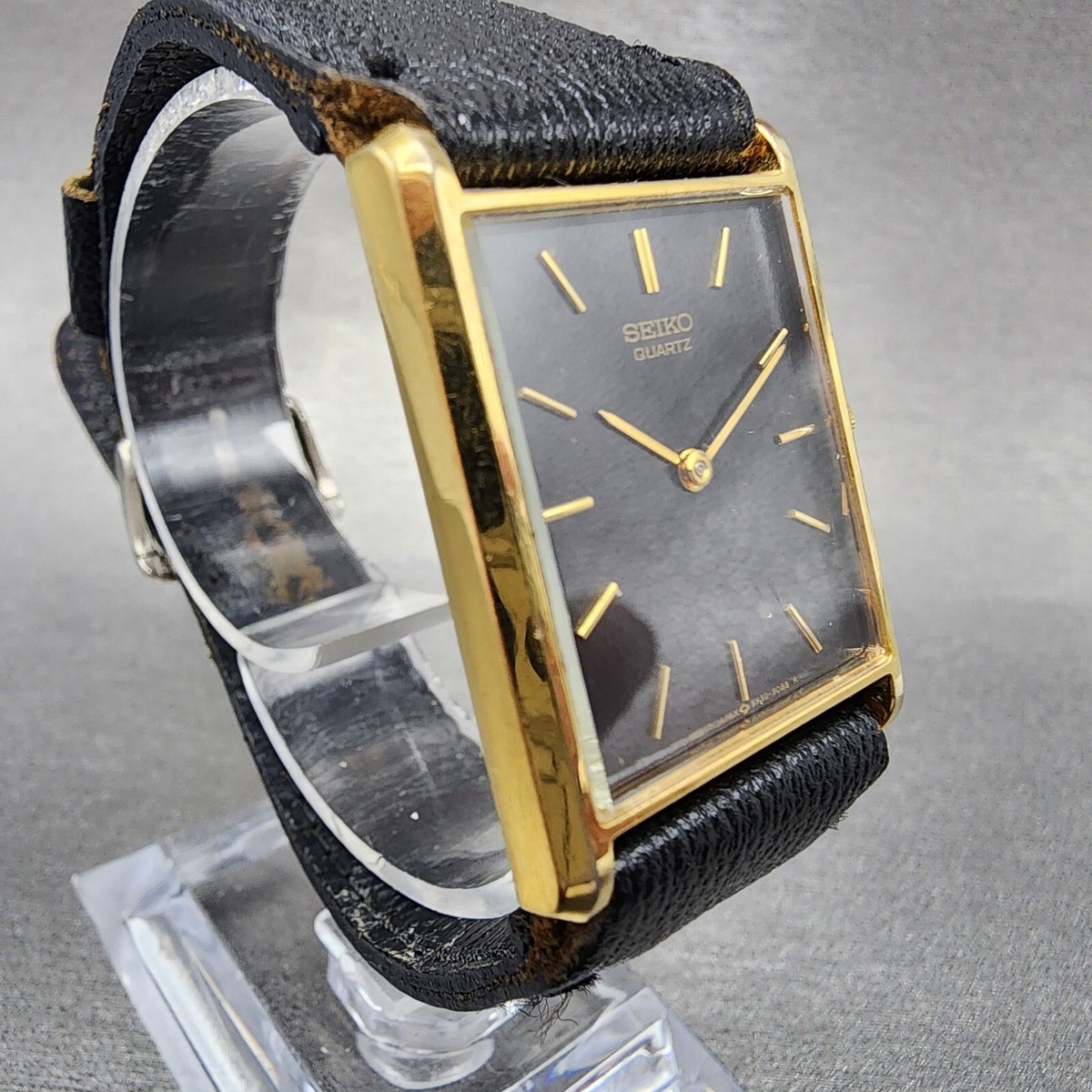 Seiko Tank Watch Men 25mm Black Dial Gold Tone Rectangle