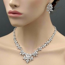 White Gold GP Cubic Zirconia Necklace Earrings Wedding Bridal Jewelry Set 08423