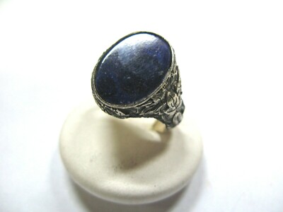 MENS BAND RING SCULPTURE IVY LEAVES STEM IN BURNISHED SILVER 925 AND LAPIS 