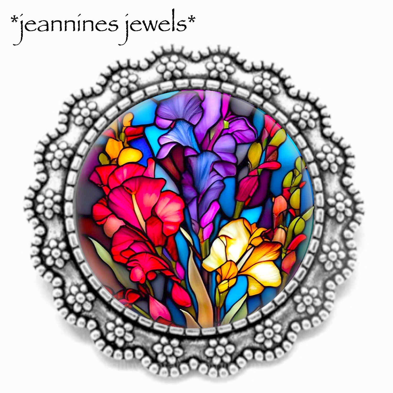 Gladiolus Flowers BROOCH Lapel Pin Faux Stained Glass Art July Birthday Gift