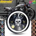 Universal 5-3/4" 5.75 inch LED Headlight Halo DRL with RGB Skull For Motorcycle