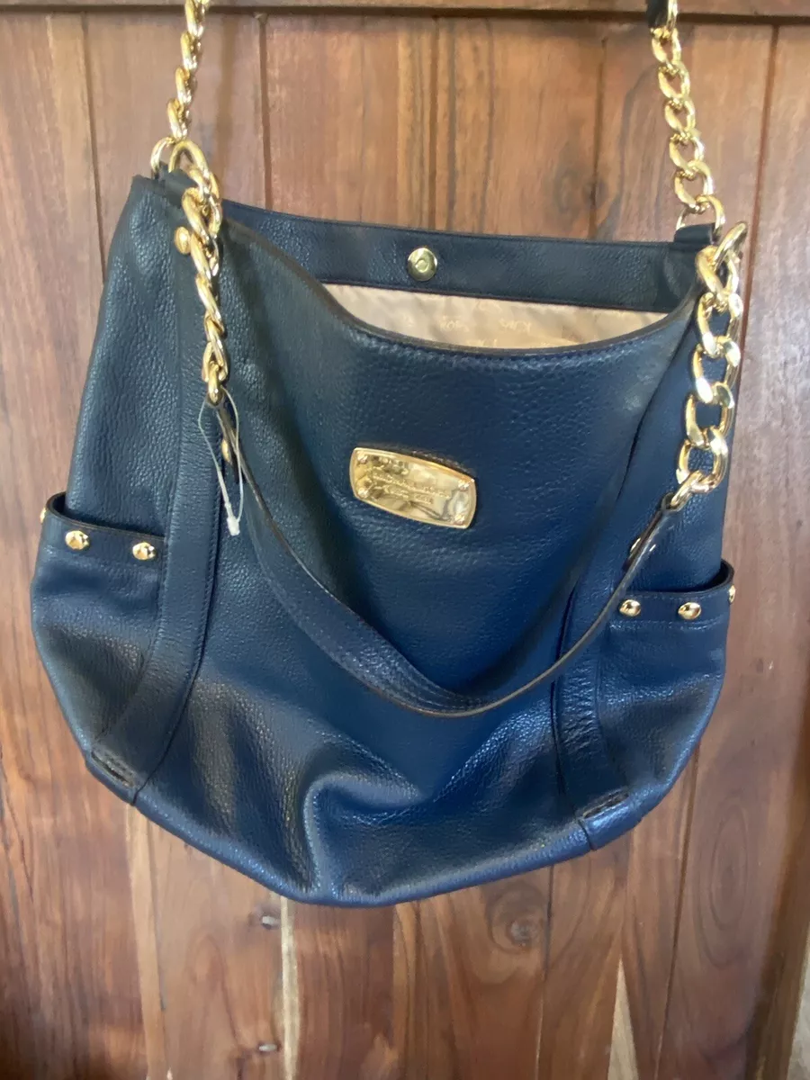 Michael Kors Delancy Large Shoulder Tote Bag Navy Blue Leather Gold Trim  Package