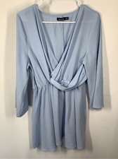 Boohoo Women's Long Sleeves V-Neck Waist Tie Wrap Dress Light Blue Size 10 US