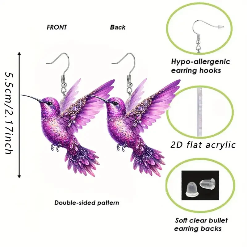 Glamorosos Pendientes Colibrí Acrílico Colorido Diseño 2D Mujer Moda Regalo Foto 2 de 4