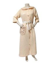 VTG 60s Quilted Maxi Robe Floral Embroidered  Lace Yellow L RETRO NYLON DUSTER