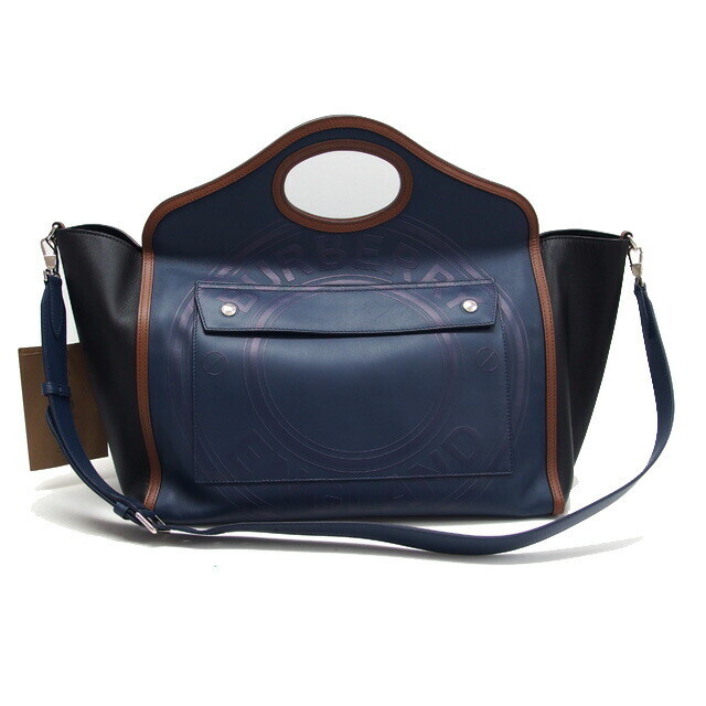Burberry Pocket Tote 2WAY Handbag Ink Blue (Navy Blue) x Black 20240810