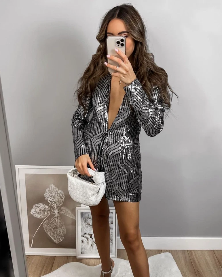 CHAQUETA BLAZER ZARA NUEVA PLATEADA LENTEJUELAS SIN SOLAPA ABRIGO TALLA XS REF. 9355/657 Foto 3 de 4