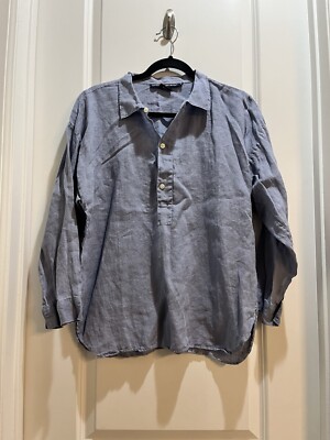 Ralph Lauren Sport Half Button Down Linen Shirt Long Sleeves Sz 14 Rounded Hem