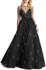 Mac Duggal 26295 Pearl Beaded Illusion Mesh Ballgown SZ 6 Black