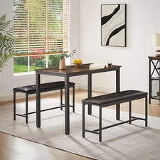 3 Piece Dining Table Set Table w/ 2 PU Benches Kitchen Breakfast Furniture New