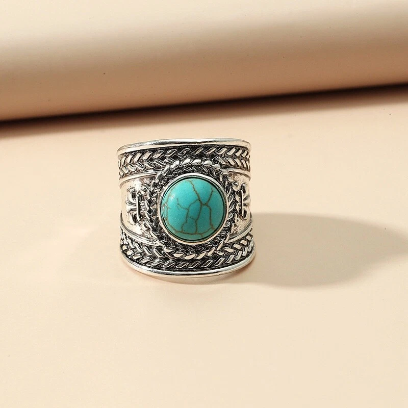 Hermoso Anillo Retro Turquesa Banda Ancha - Tamaño Ajustable Foto 2 de 4