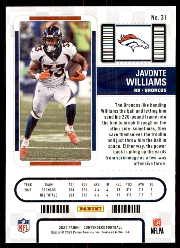 2022 Panini Contenders Javonte Williams B Football Cards #31 - Image 2 of 2