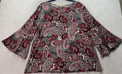 Nipon Boutique Blouse Top Women Size 1X Red Black Paisley Long Sleeve Round Neck