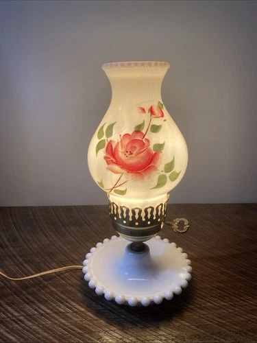 Vtg Milk Glass Hobnail Boudior Bedroom Table Lamp Painted Pink Rose Floral 11"