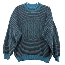 Vintage Le Tigre Hot Jazz Sweater Mens XL Teal Black Geometric Knit USA 80s