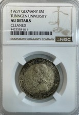 1927F Germany Weimar 3 Mark Tubingen University Silver Coin|KM54 NGC AU Det