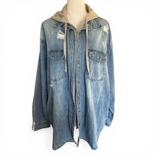 Risen Distressed Denim Jacket Hoodie 2XL Oversized Shacket Streetwear
