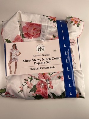 FN by Flora Nikrooz Satin notch collar Pj 2- Piece Set  - L